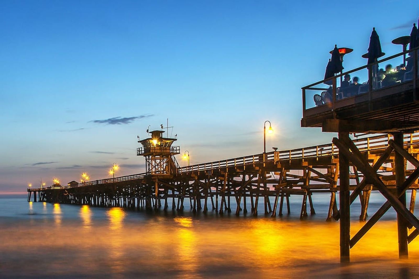 San Clemente Pier lit up at dusk